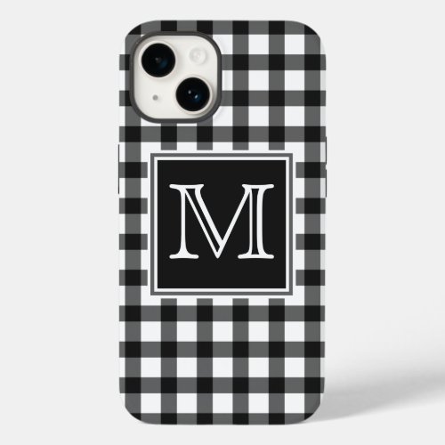 Monogram  Black and White Gingham Plaid Checker Case_Mate iPhone 14 Case