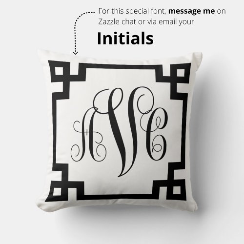 Monogram Black and White Greek Key Border Pillow