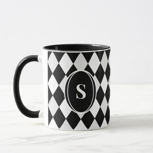 Monogram Black and White Harlequin Diamond Pattern Mug