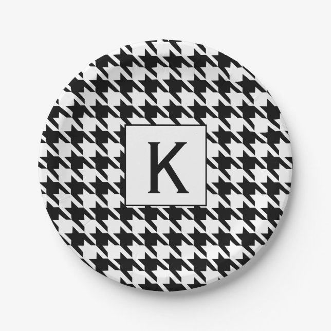 Monogram Black and White Houndstooth Pattetrn Paper Plates (Front)
