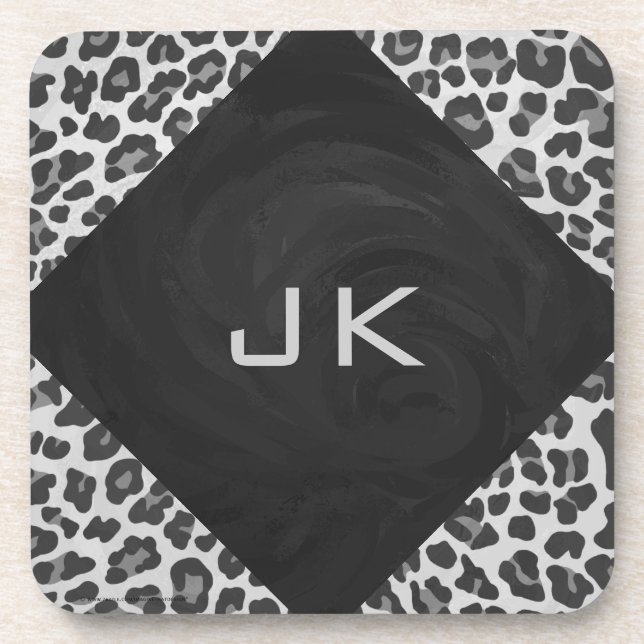 Monogram Black and White Leopard Print Beverage Coaster (Front)