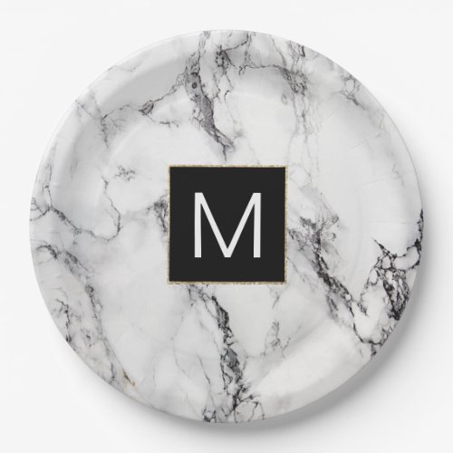 monogram black and white marble look paper plates