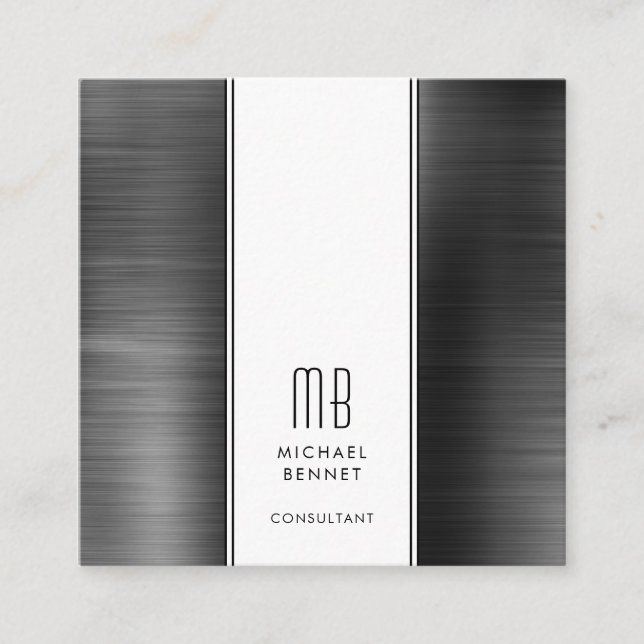 Monogram Black And White Metallic Foil Consultant Square Business Card (Front)