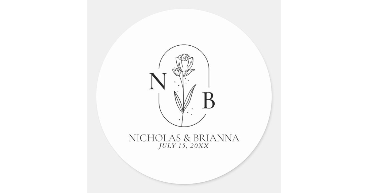 Monogram Black and White Minimalist Modern Wedding Classic Round Sticker | Zazzle