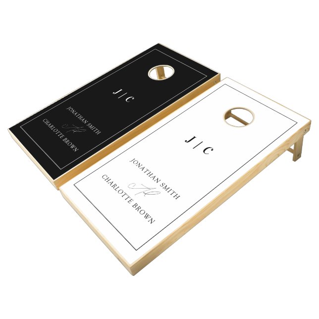 Monogram Black and White Minimalist Wedding Cornhole Set (Angled)