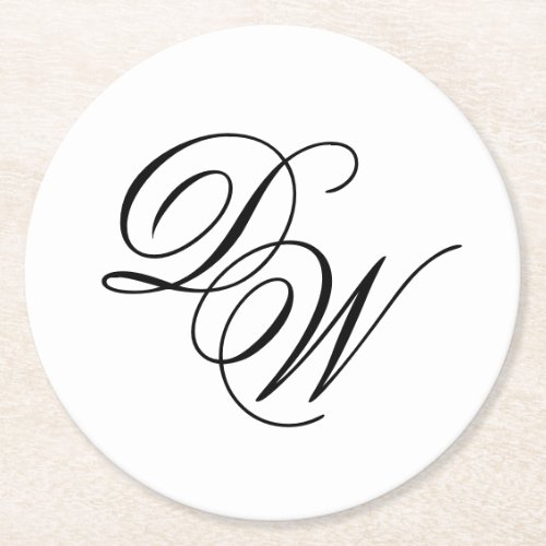 Monogram Black and White Minimalist Wedding Script Round Paper Coaster