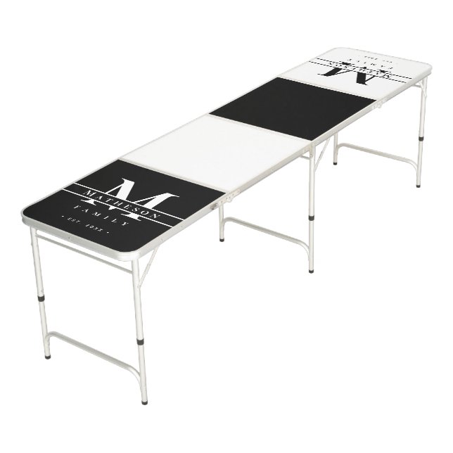 Monogram Black and white personalized family  Beer Pong Table (Angled)