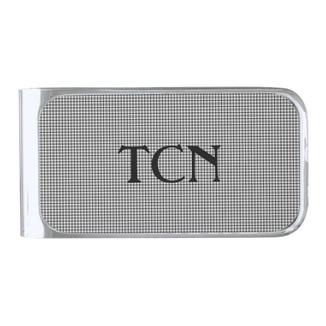 Monogram Black and White Plaid Men's  Silver Finish Money Clip (Front)