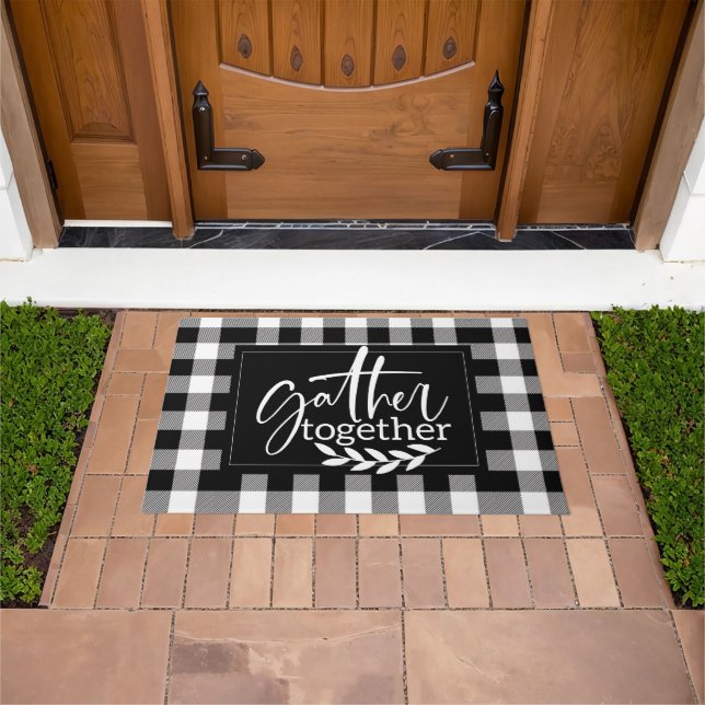 Monogram Black and White Plaid Quote Welcome Doormat (Outdoor)