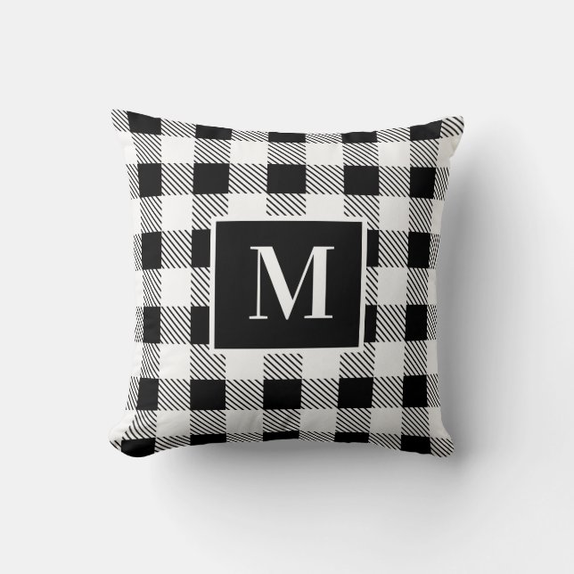 Monogram Black and White Plaid   Throw Pillow (Front)