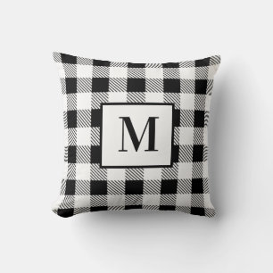 Monogram Black and White Plaid Throw Pillow