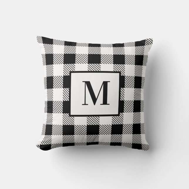 Monogram Black and White Plaid   Throw Pillow (Front)