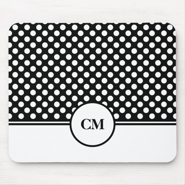 Monogram Black and White Polka Dot Pattern Mouse Pad (Front)