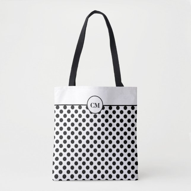 Monogram Black and White Polka Dot Pattern Tote Bag (Front)