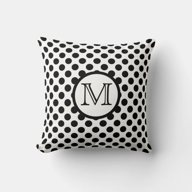 Monogram Black and White Polka Dot Throw Pillow (Front)