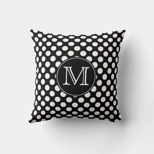 Modern Black and White Polka Dots Monogram Throw Pillow