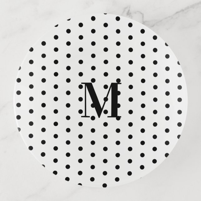 Monogram Black and White Polka Dot  Trinket Tray (Front)
