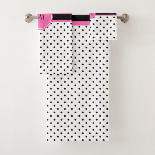Monogram Black and White Polka Dot with Hot Pink Bath Towel Set