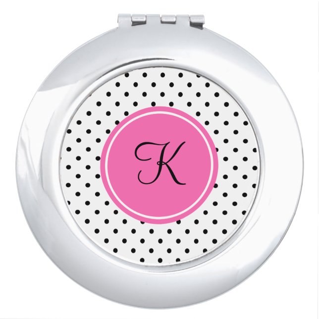 Monogram Black and White Polka Dot with Hot Pink Compact Mirror (Front)