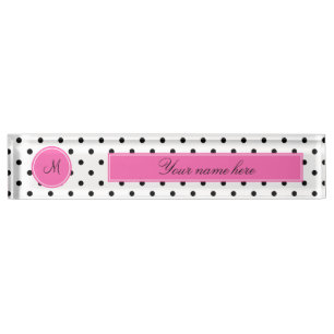 Monogram Black and White Polka Dot with Hot Pink Desk Name Plate