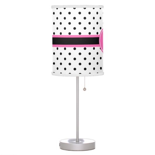 Monogram Black and White Polka Dot with Hot Pink Table Lamp (Left)