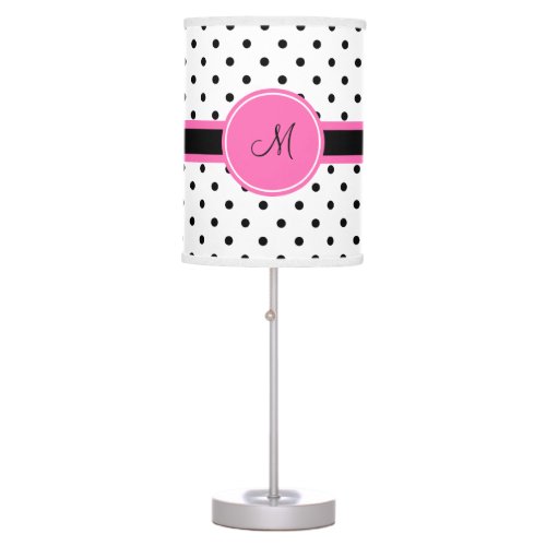 Monogram Black and White Polka Dot with Hot Pink Table Lamp