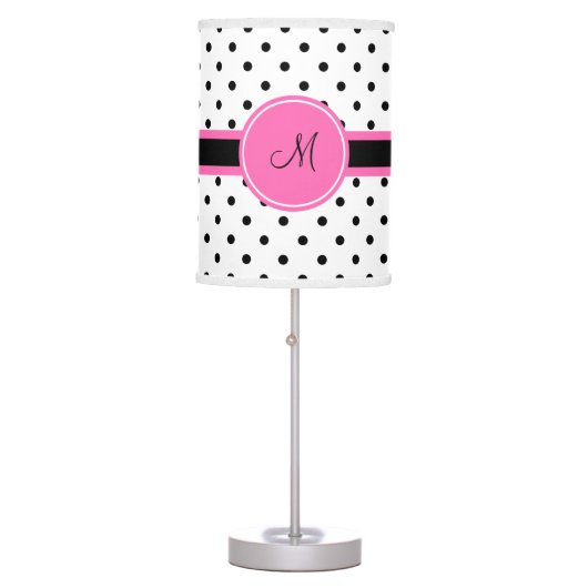 Monogram Black and White Polka Dot with Hot Pink Table Lamp (Front)
