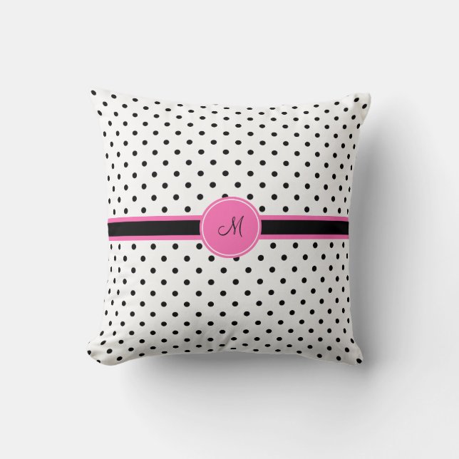 Monogram Black and White Polka Dot with Hot Pink Throw Pillow (Front)