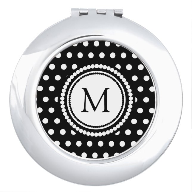 Monogram Black And White Polka Dots Pattern Makeup Mirror (Front)