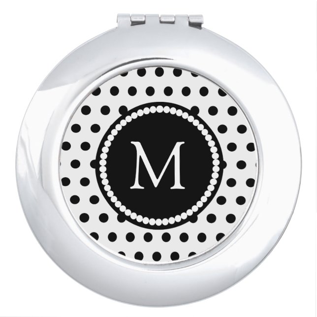 Monogram Black And White Polka Dots Pattern Vanity Mirror (Front)