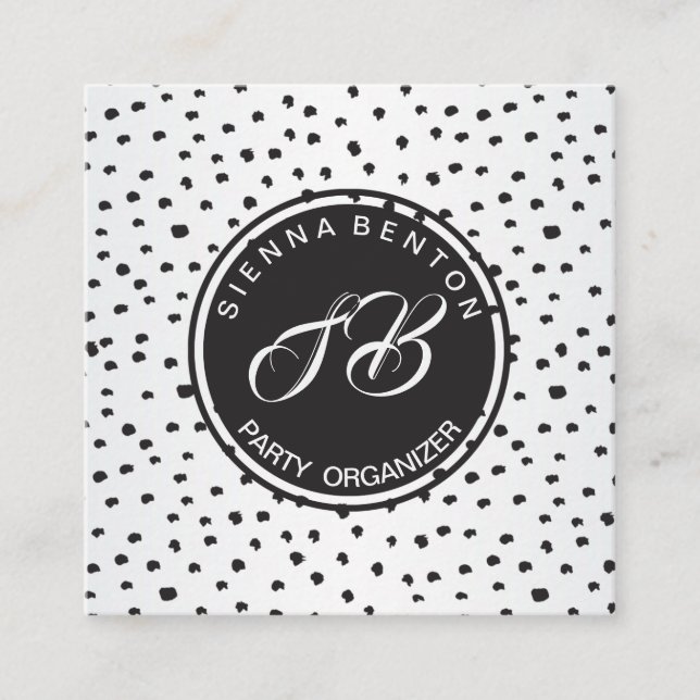 Monogram Black and white polka dots Square Business Card (Front)