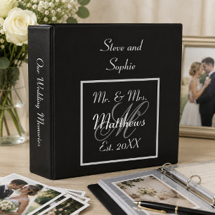 Monogram Black and White Script Wedding Memories 3 Ring Binder