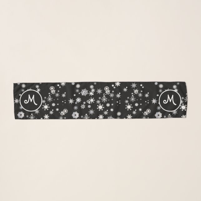 Monogram Black and White Snowflake Pattern Custom Scarf (Front (Horizontal))
