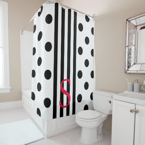 Monogram Black And White Stripe And Polka Dots Shower Curtain