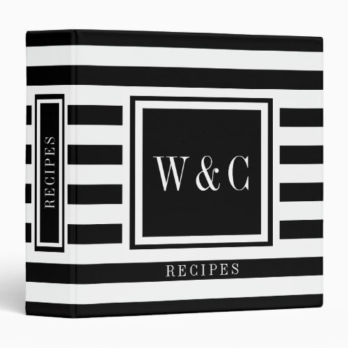 Monogram Black and White Stripe Recipes 3 Ring Binder