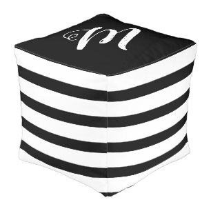 Monogram Black And White Striped Script Pouf