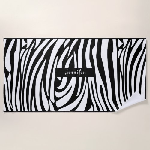 Monogram Black and White Striped Zebra Pattern Beach Towel