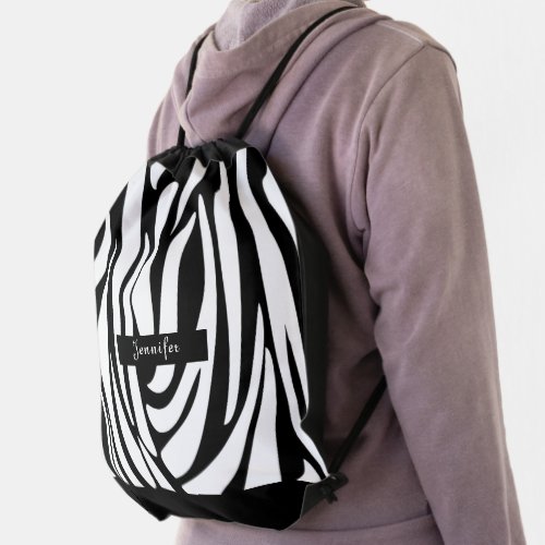 Monogram Black and White Striped Zebra Pattern Drawstring Bag