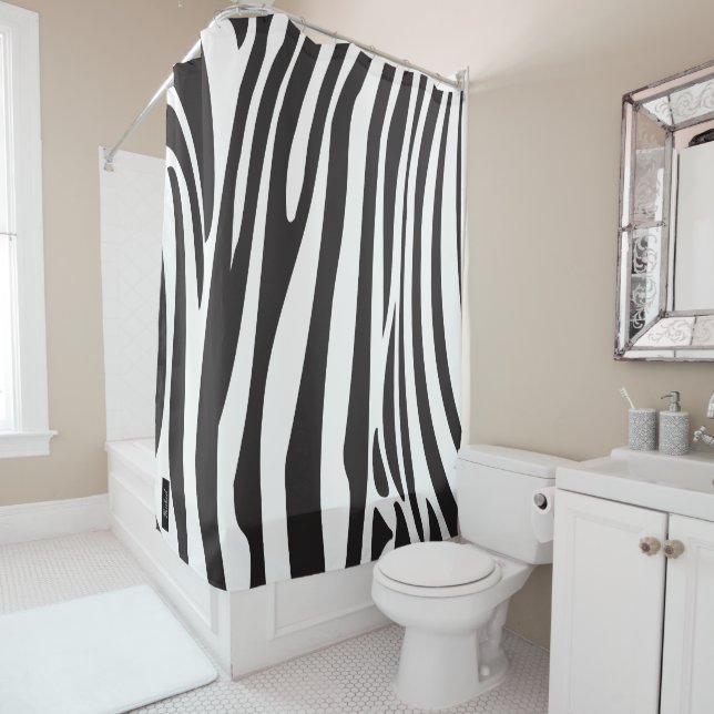Monogram Black and White Striped Zebra Pattern Shower Curtain (In Situ)
