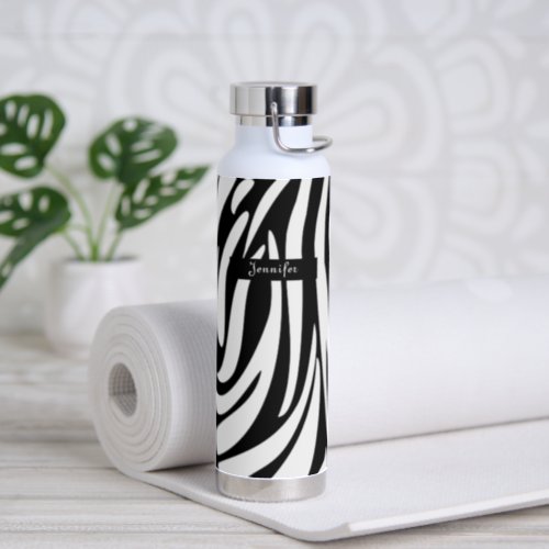 Monogram Black and White Striped Zebra Pattern Water Bottle