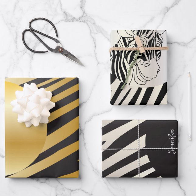 Monogram Black and White Striped Zebra Pattern Wrapping Paper Sheets (Front)