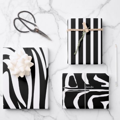 Monogram Black and White Striped Zebra Pattern Wrapping Paper Sheets