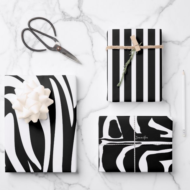 Monogram Black and White Striped Zebra Pattern Wrapping Paper Sheets (Front)