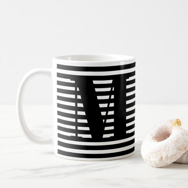 Monogram black and white stripes pattern modern coffee mug (With Donut)