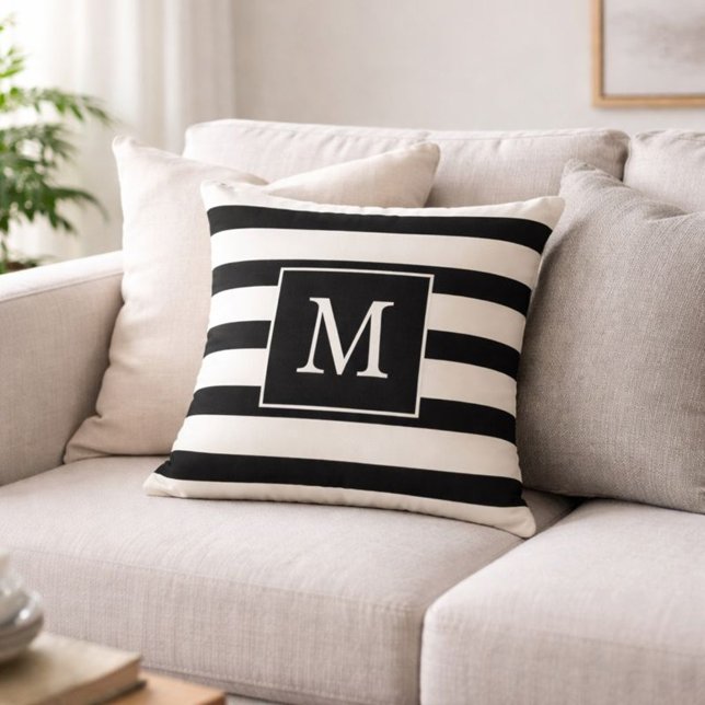 Monogram Black and White Stripes Throw Pillow (Creator Uploaded)