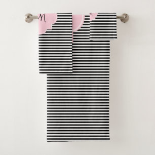 Monogram Black and White Stripes with Pastel Pink Bath Towel Set