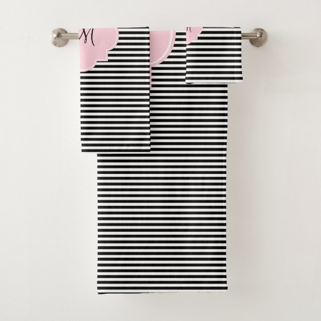 Monogram Black and White Stripes with Pastel Pink Bath Towel Set (Insitu)