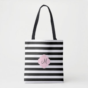 Monogram Black and White Stripes with Pastel Pink Tote Bag