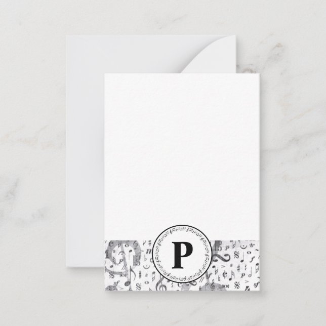 Monogram Black and White Vintage Music Note Card (Front)