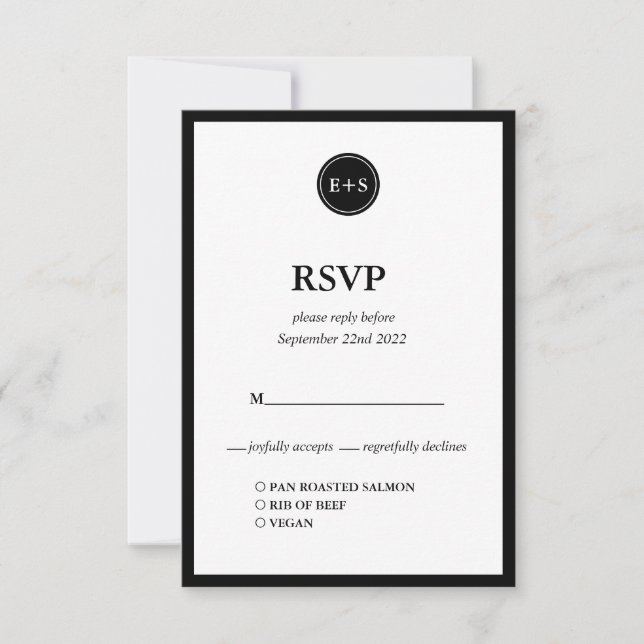 Monogram | Black and White Wedding Food Options RSVP Card (Front)